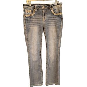 Grace In La Women's Mid Rise Embroidered Easy‎ Fit Medium Wash Jeans Size 30